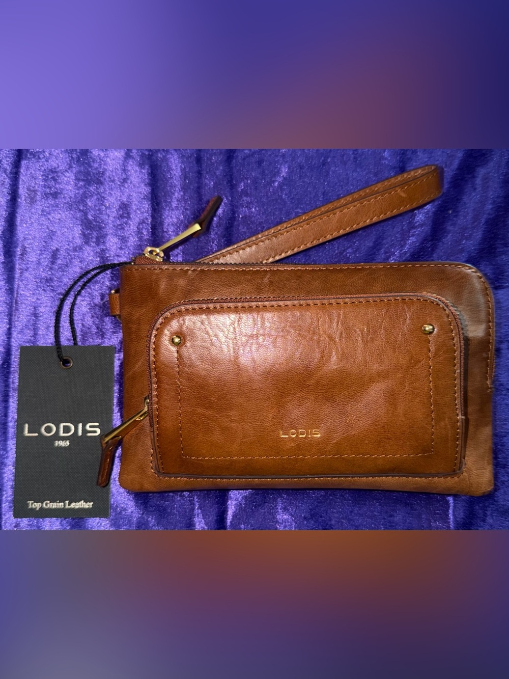 Lodis Cognac Brown Leather Wristlet with Gold Hardware